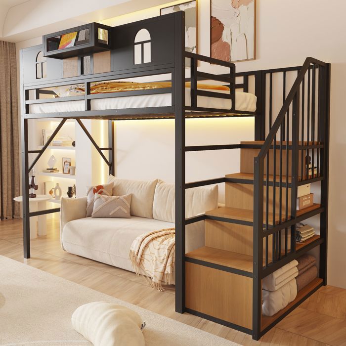 Lit mezzanine enfant 90x200 cm en métal avec LED échelle de rangement et étagère noir