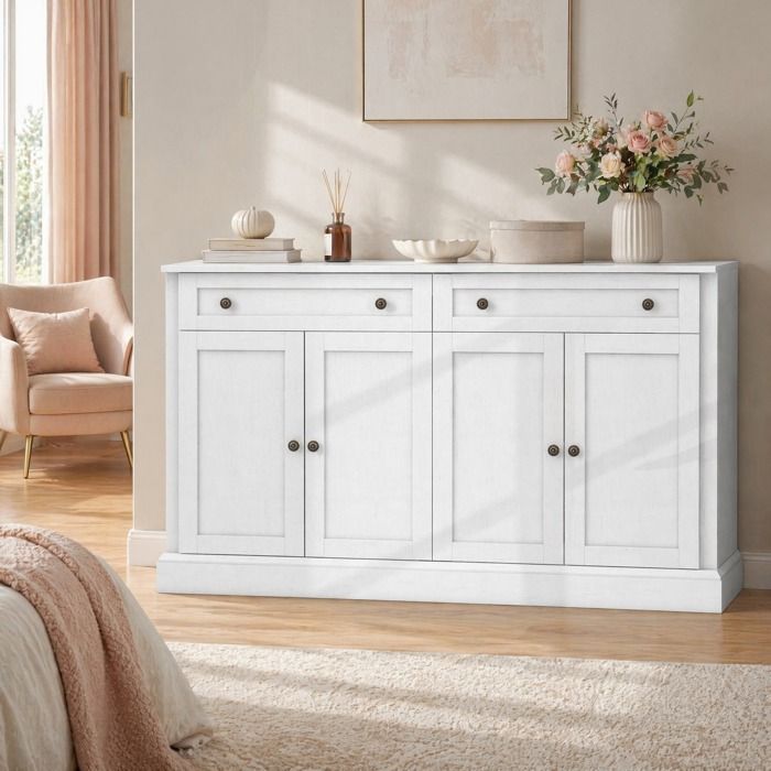 Buffet bas 4 portes 2 tiroirs 2 étagères réglables et plateau support 34 kg - MODENVIE - Blanc antique 150×40×86 cm
