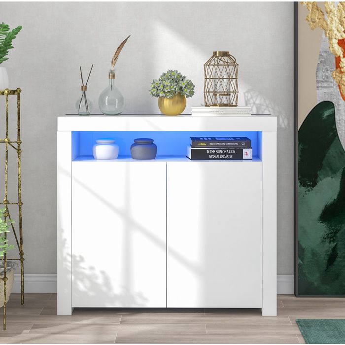 Buffet LED blanc 2 portes AESVAR 108 x 40 x 92 cm avec niche ouverte et finition brillante