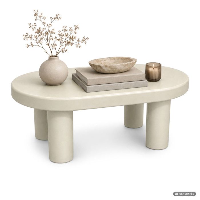 Table basse ovale MATE 85 cm crème avec quatre pieds cylindriques Table basse ovale MATE 85 cm crème avec quatre pieds cylindriques
