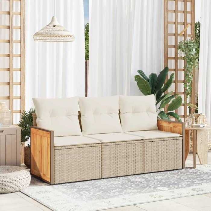Beige Salon de jardin avec coussins 3 pcs beige résine tressée_2 ans garantie &17422 @3150