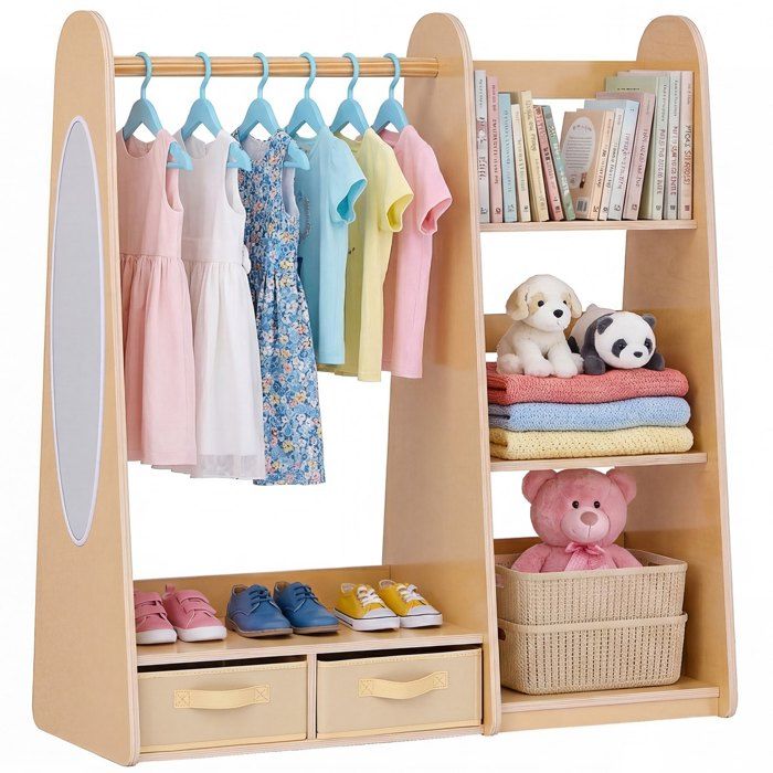 Penderie Enfant avec Miroir Armoire Enfant en Bois avec Étagères Organisateur de Déguisements pour Fille Meuble pour Chambre