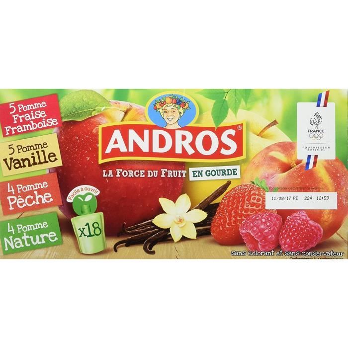 ANDROS Compotes de fruits en gourdes 4 variétés panachées 18x90g Lot