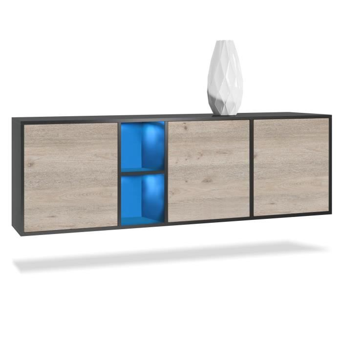 Vladon Buffet Armoire Cuba Corps en Noir mat - Façades en Chêne Nordique avec éclairage LED