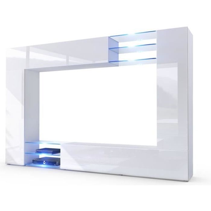 Vladon Combinaison murale Mirage Corps en Blanc mat - Façades en Blanc haute brillance avec léclairage LED Vladon Combinaison murale Mirage Corps en Blanc mat - Façades en Blanc haute brillance avec léclairage LED