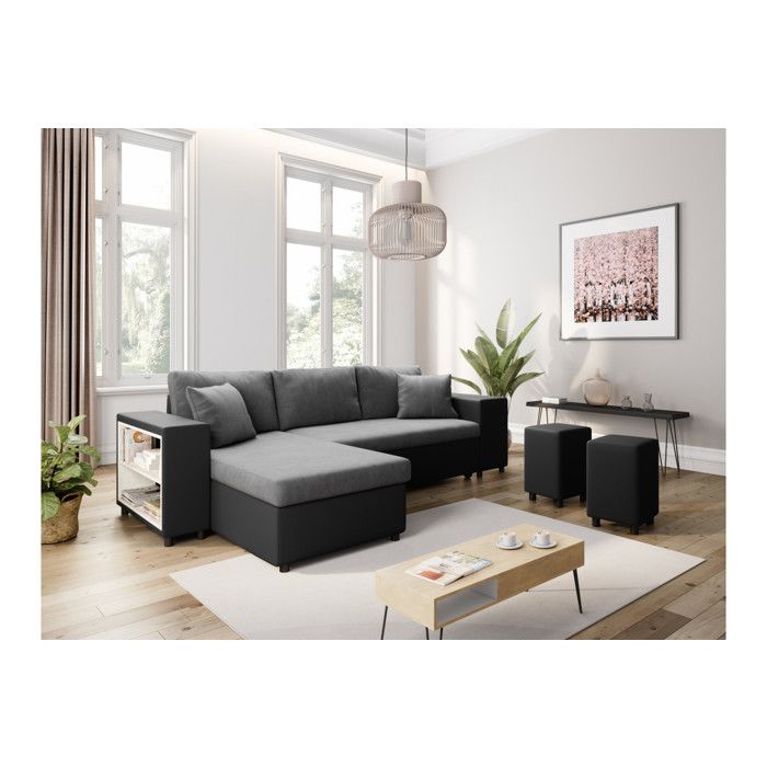 Canapé dangle réversible MADY bimatière gris/noir avec coffre accoudoir étagère et poufs droit - L254 x P146 x H81cm - LOUNGITUDE Canapé dangle réversible MADY bimatière gris/noir avec coffre accoudoir étagère et poufs droit - L254 x P146 x H81cm - LOUNGITUDE