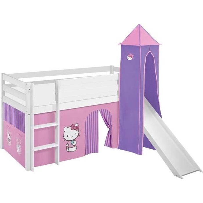Lit surélevé - HELLO KITTY - JELLE - blanc laqué - 90x200 cm - avec rideaux et toboggan Lit surélevé - HELLO KITTY - JELLE - blanc laqué - 90x200 cm - avec rideaux et toboggan