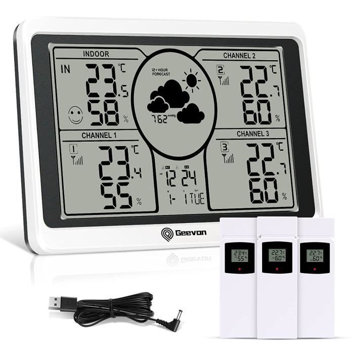 Thermomètre Hygromètre Intérieur et Extérieur Station Météo avec Prévisions Météorologiques Station Météo sans Fil avec 3 Capteurs Extérieur Écran Couleur Station 