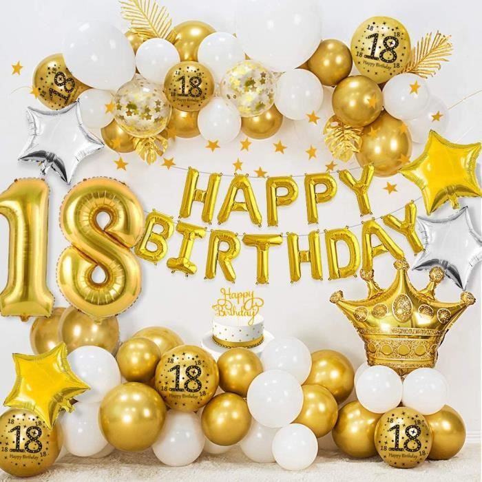 Table Anniversaire Decoration De 18 Ans Happy Birthday 18 Ballons En Aluminium Ballons Blancs En Or Metallique 331 Cdiscount Maison