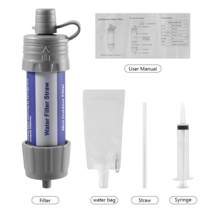 Filtre à Eau Portable Type Paille - Vert, 2000L, Charbon, Pour Survie Et Randonnée