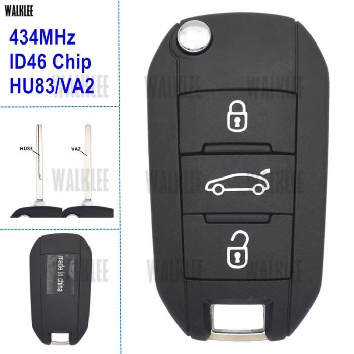 Taille Lame HU83 clé télécommande, compatible avec Peugeot 208, 2008, 301, 308, 508, 434MHz, avec lame HU83 ou VA2