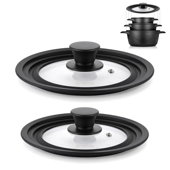 2 Couvercles Universel Poêle à Frire Casseroles 16-18-20/ 24-26-28 Verre Silicon Briebe TotaLid Transparent Noir