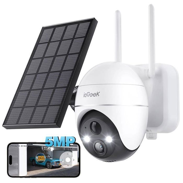 ieGeek 5MP Camera Surveillance WiFi Exterieure sans Fil, Camera Solaire Camera 360 Degré Détection Humaine PIR Alexa Cloud IP65