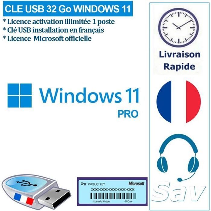 CLE USB 32 GO WINDOWS 11 PRO + LICENCE – ENVOI RAPIDE