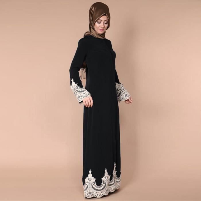 Moyen Orient Mode Turc Boucle Pleine Musulmane Dentelle Robe Longue Robes Musulmane Noir