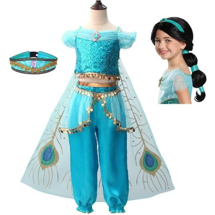 Déguisement Aladin Princesse Jasmine Fille - FINDPITAYA - Costume Halloween  Noël Cosplay avec Perruque - Bleu