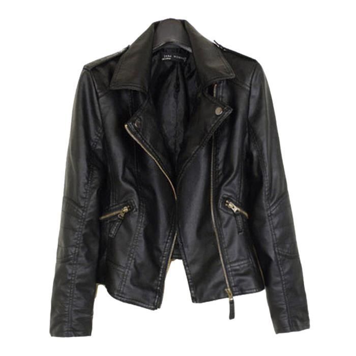 femme perfecto courte simili cuir veste col à revers veste à fermeture éclair zip up veste punk en pu avec poches polaire noir