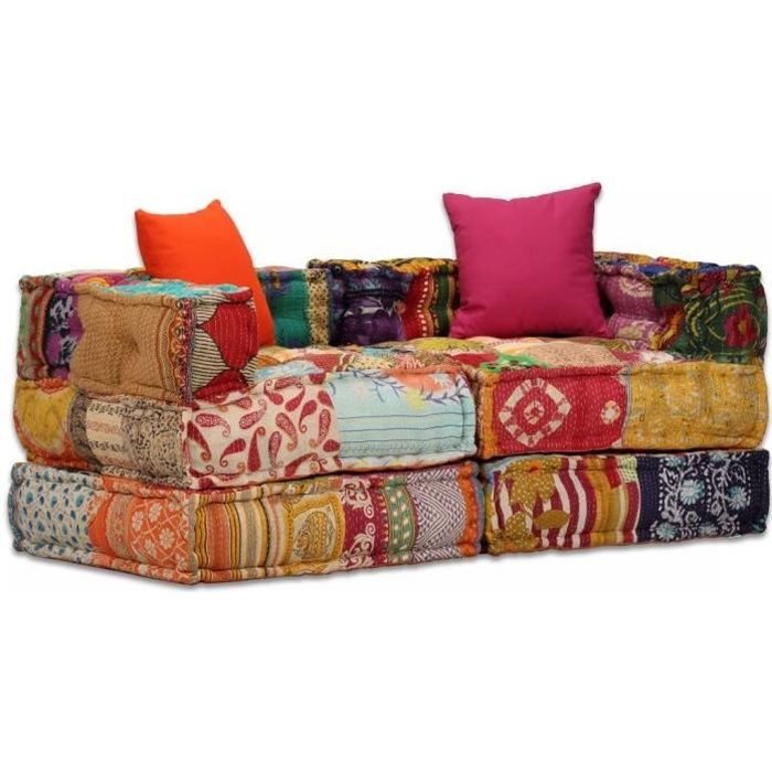 Canapé-lit modulaire convertible 2 places Tissu Patchwork - OVONNI - Réversible - Coffre de rangement