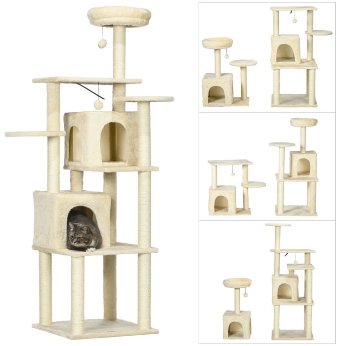 Arbre à chat modulable - griffoirs, 2 niches, 4 plateformes, 2 boules suspendues - peluche douce beige