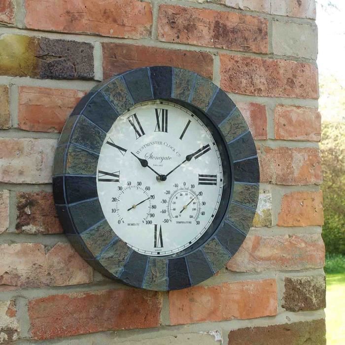 Horloge Murale Altuna Exeter - Avec Thermomètre/hygromètre, 38.5cm, Noir, Pour Intérieur/extérieur
