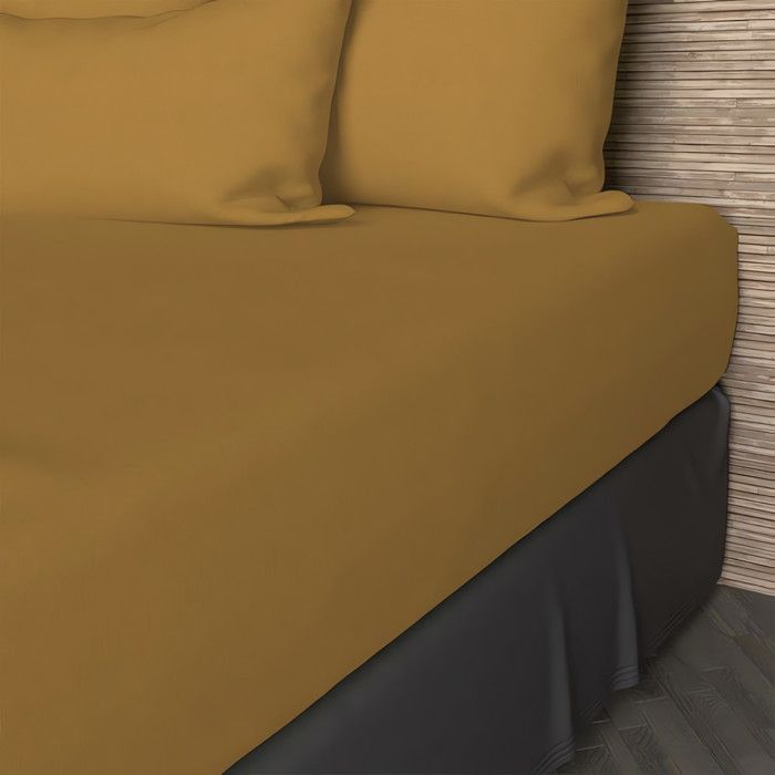 Drap housse en coton 57 fils 180x200 cm UNI moutarde par Soleil docre Drap housse en coton 57 fils 180x200 cm UNI moutarde par Soleil docre