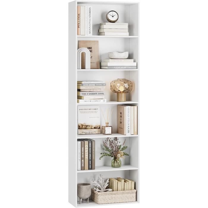 Bibliothèque 6 Niveaux FirFurd 180cm - Meuble Rangement Bois Noir 60x23.5cm Pour Salon/Bureau