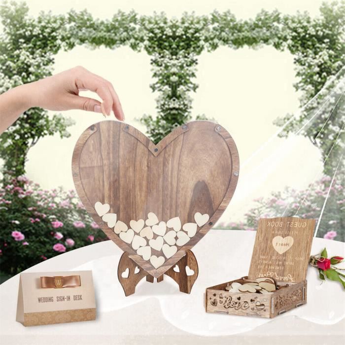 Livre d'Or Cœur en Bois Livre d'or Mariage en Bois avec 88 Cœurs Décoration Personnalisable Cadre Bois de Signature