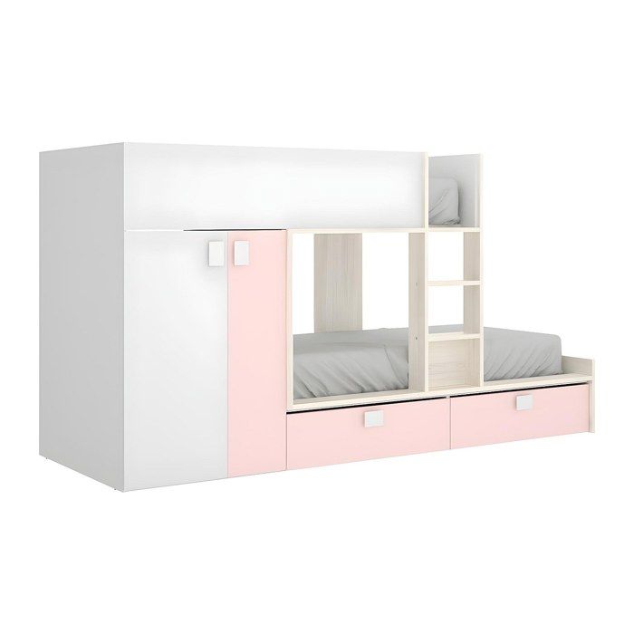 Lits Superposés 2 x 90 x 190 cm - Armoire intégrée - Blanc naturel et rose - JUANITO