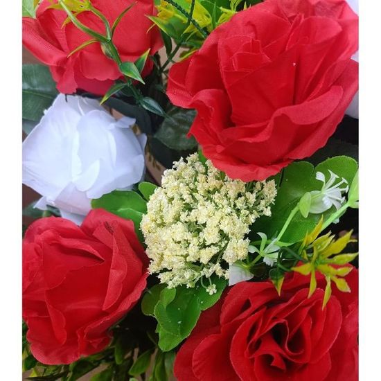 Centre De Fleurs Artificielles Pour Cimetière - Composition Blanche Et Rouge | Dimensions 70 X 20 X 53 Cm, En Polyester