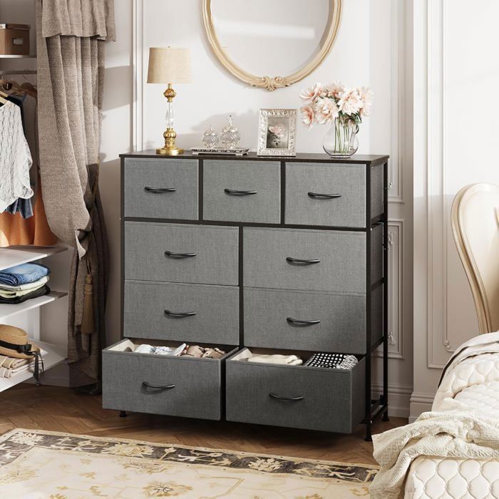 Commode En Tissu 11 Tiroirs - Meuble Rangement Chambre Adulte, Cadre Acier, Plateau Bois, Style Bohème - 4