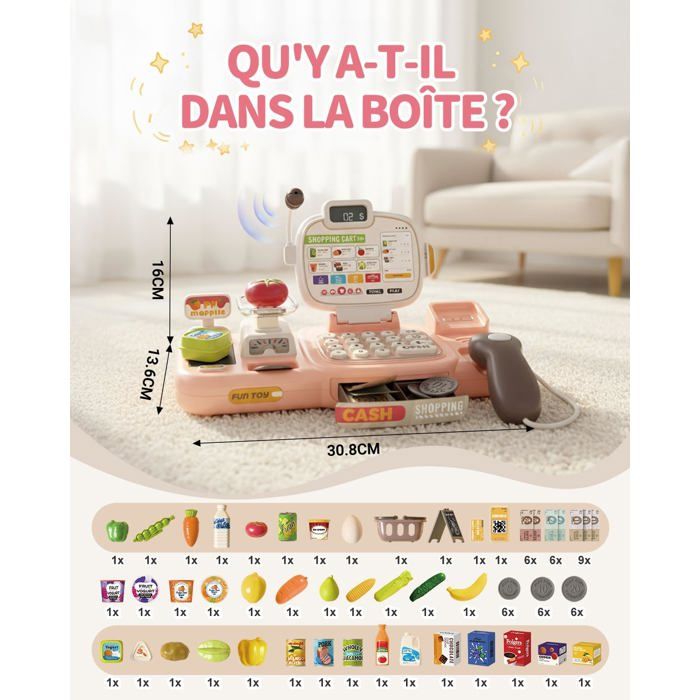 Caisse Enregistreuse Enfant 77 Pièces – Scanner Sons & Lumières, Calculatrice, Carte, Supermarché – 3 Ans+