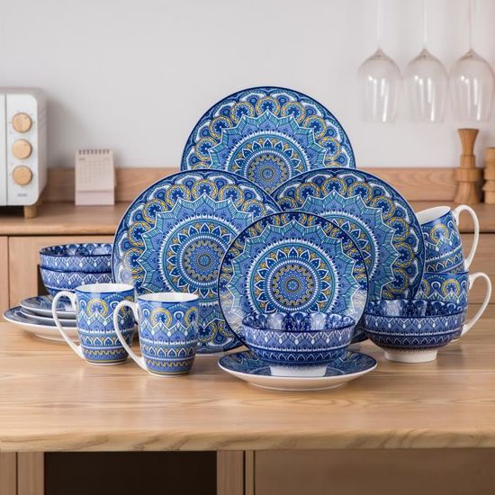Vancasso – Service De Table BUBBLE 16 Pièces En Porcelaine – Pour 4 Personnes – Bleu – Assiettes, Bols, Mugs – Glaçure Réactive Unique