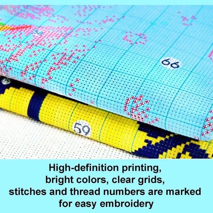 Cukol Kit de broderie au point de croix pour adultes, kit complet d'art sur le thème du chat avec toile pré-imprimée, fils vifs et aiguilles émoussées