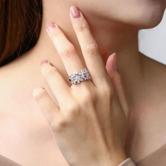 Bague de promesse en forme de fleur en Plaque or blanc avec pierres CZ transparentes pour femme Taille 59 Blanc Achat Vente bague anneau Bague de promesse en forme