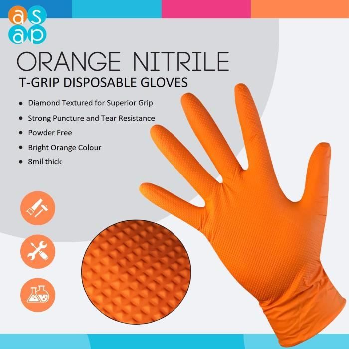 Gants jetables nitrile non poudrés Orange Texturé, Bricolage Mécanique