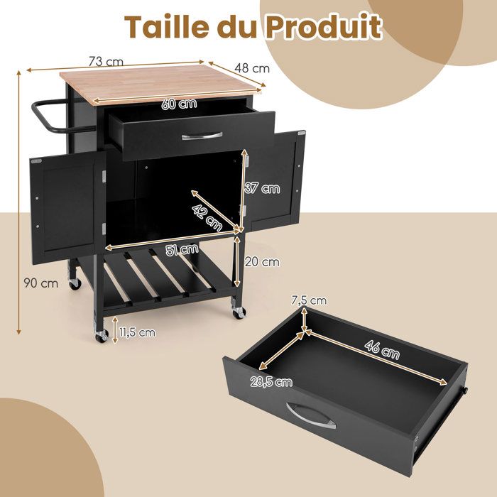 Chariot De Service Cuisine En Bois - 2 Tiroirs, étagères, Roulettes - Dimensions 116x44x89 Cm - Blanc Ou Naturel - 12