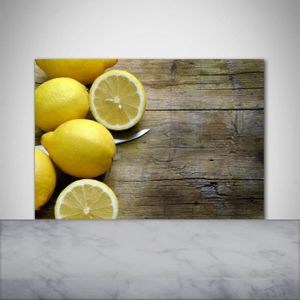CREDENCE Tulup 100x70cm Crédence de cuisine sur verre sécurité:- Nourriture boissons - Citrons Sur Le Bois - Jaune