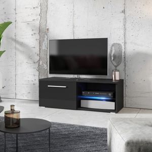 MEUBLE TV Meuble TV / Meuble salon - TENUS SINGLE - 100 cm - noir mat / noir brillant - avec LED - 2 compartiments ouverts - style classique