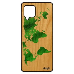 COQUE - BUMPER Coque Carte monde pour A42 en bois veritable et silicone motif pays noir vert geographie planete globe made in France Samsung