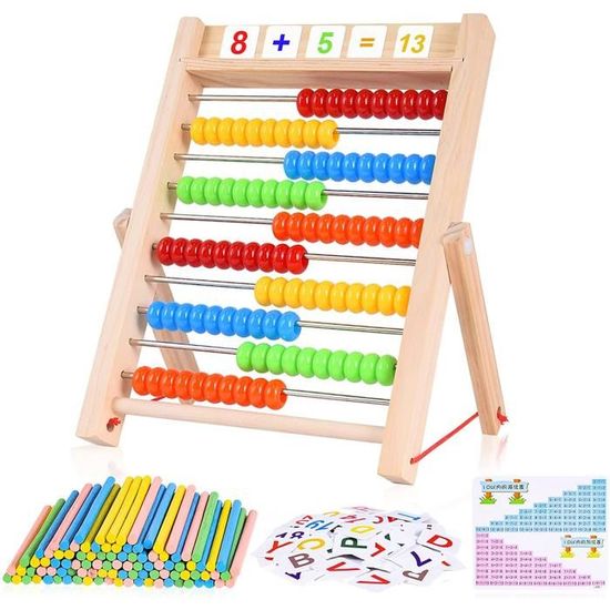 Bestdon – Abaque En Bois 23x14x27,5 Cm – 100 Perles Multicolores – Cartes Chiffres 0-20, Lettres, Symboles – 100 Baguettes – Jeu éducatif Mathématique