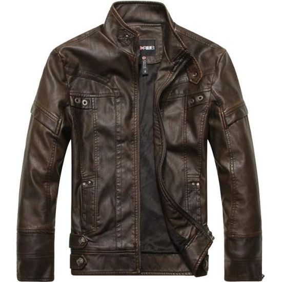 Veste Blouson Homme Jaquette Moto Cuir PU Courte Grande Taille zippe Col Montant Manches Longues Marron