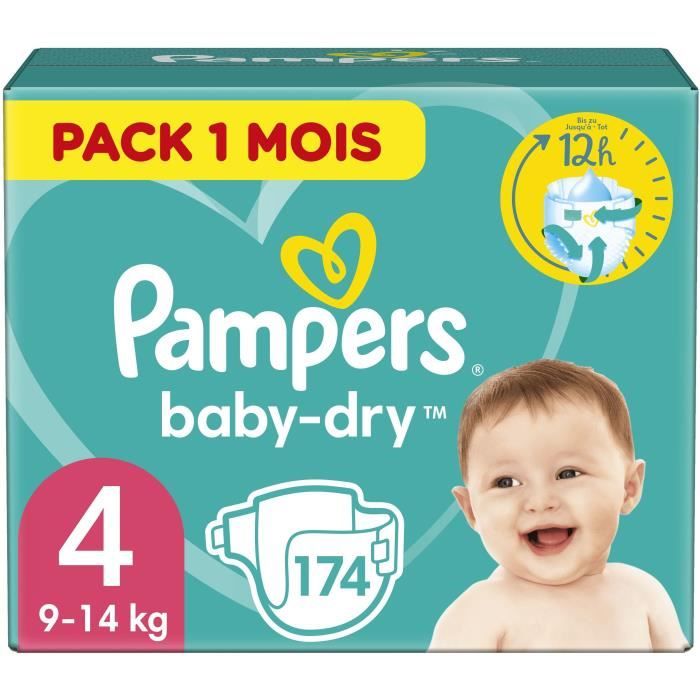 PAMPERS Baby-Dry Taille 4, 9-14 kg - 174 Couches - Pack 1 Mois