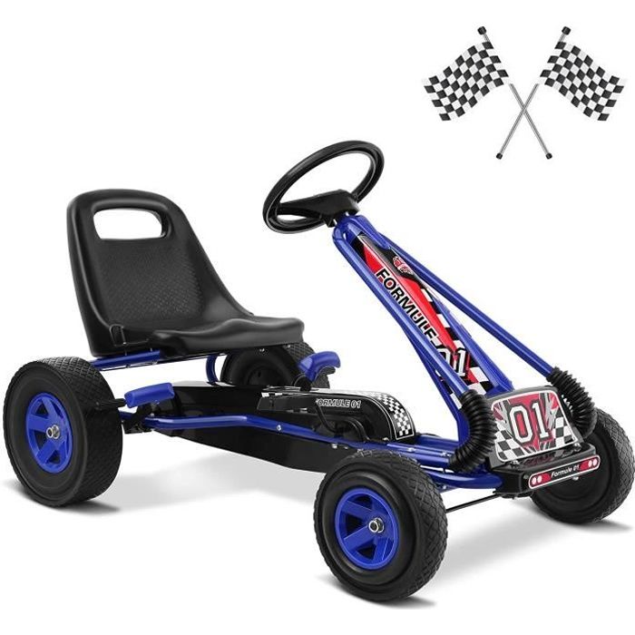Kart à Pédales Vélo et Véhicule pour Enfants Siège Réglable Volant Réel Frein à Main Roues en Caoutchouc Antichocs