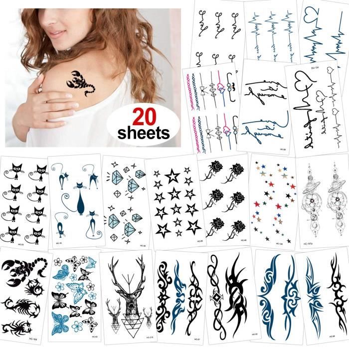 Konsait 20 feuilles Tatouage temporaire pour adulte enfants femme homme Tattoos Étanche Noir Tatouages Temporaires bras poignet b