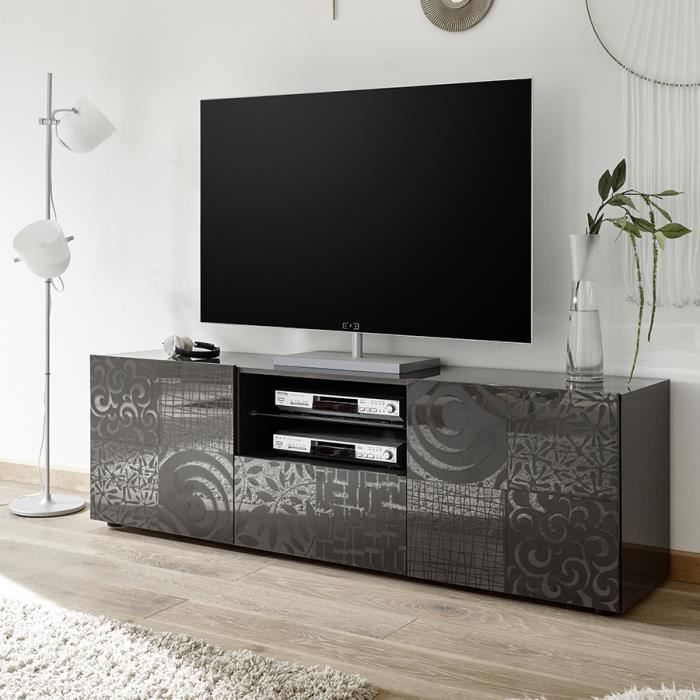 Grand meuble télé gris laqué design NERINA 2 L 181 x P 42 x H 57 cm Gris