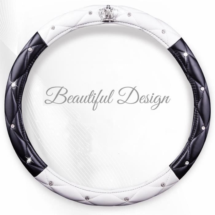 Couvre volant de voiture en cuir PU pour femmes - Couvre volant de voiture, diamant noir rose, accesso black white