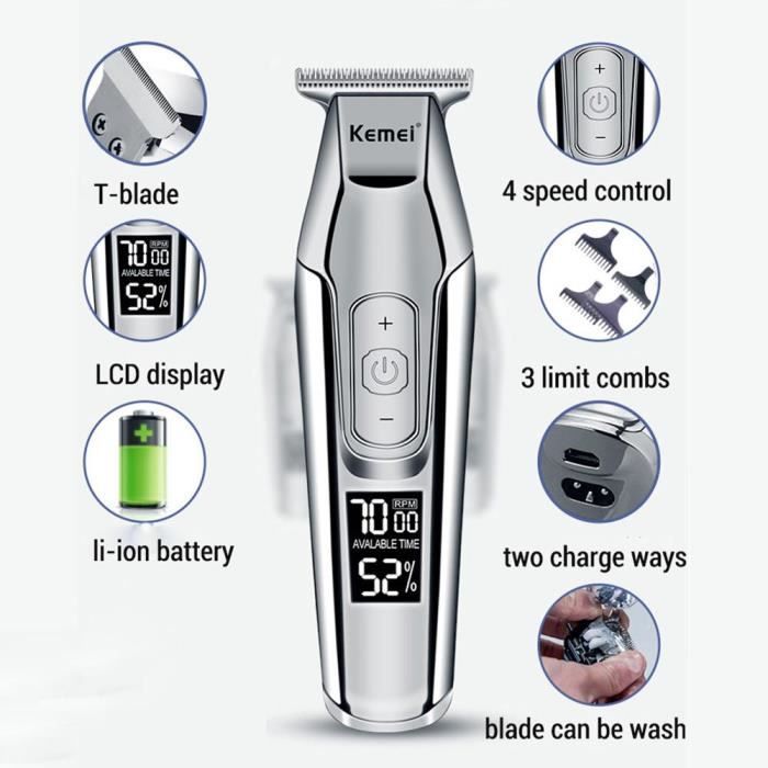 Tondeuse chien,KEMEI tondeuse à barbe Rechargeable pour hommes Lot de 3 peignes de guidage, Rechargeable, de densité - Type Silver