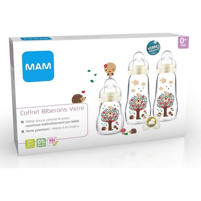 MAM Coffret Biberons Verre (3 Biberons verre + 1 sucette), Biberon MAM Feel Good en verre résistant à la chaleur, biberon verre pour