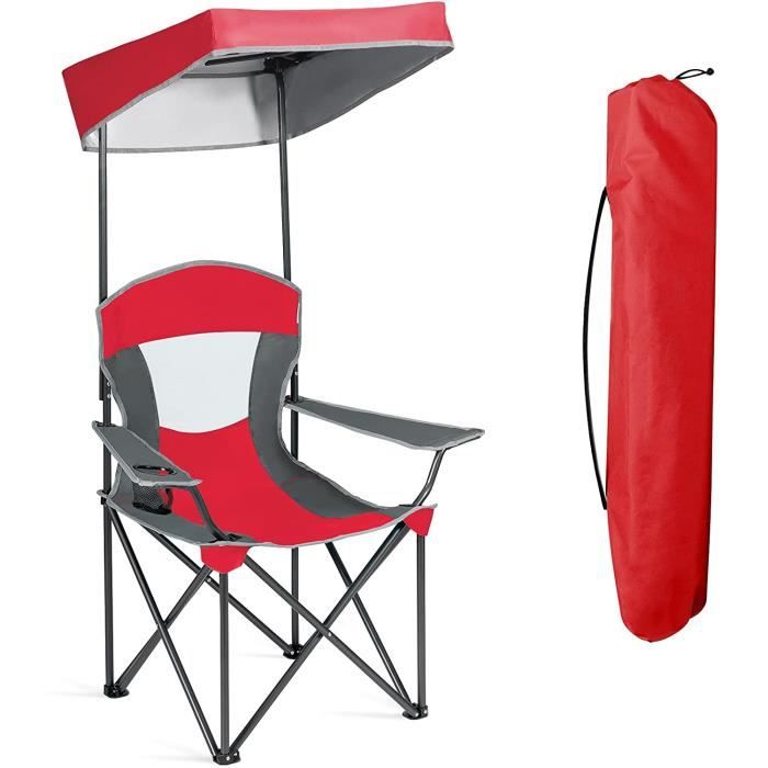 GOPLUS Chaise Pliante avec Pare Soleil,Chaise de Camping Pliable Grand Confort Auvent,avec Porte-gobelets Intégrés,Siège Pliant Roug