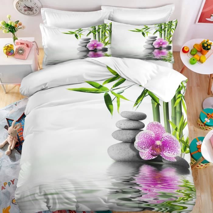 Parure de lit ZEN galets bambous fleur et leurs reflets 150*200cm 3 pieces 1 housse de couette avec 2 taies d'oreiller 63*63cm